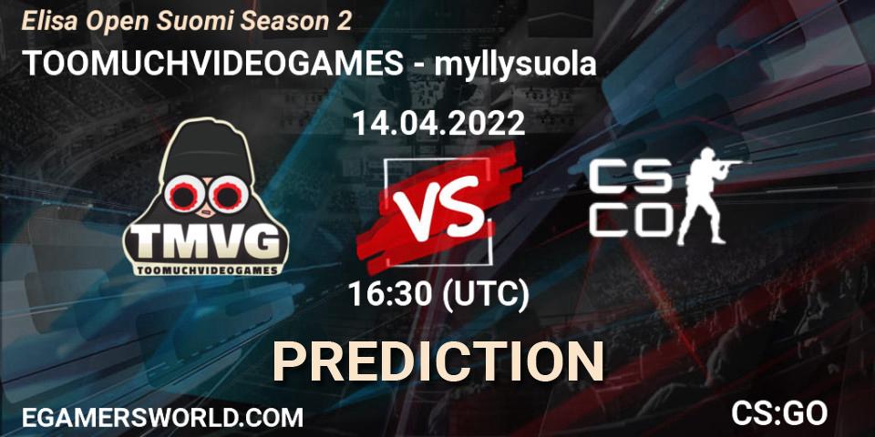 TOOMUCHVIDEOGAMES vs myllysuola: Betting TIp, Match Prediction. 14.04.2022 at 16:30. Counter-Strike (CS2), Elisa Open Suomi Season 2