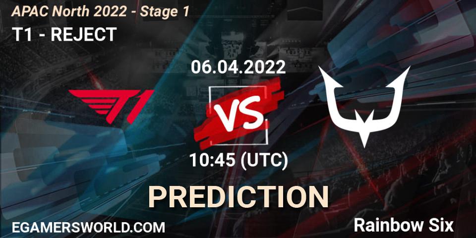 T1 vs REJECT: Betting TIp, Match Prediction. 06.04.2022 at 10:45. Rainbow Six, APAC North 2022 - Stage 1
