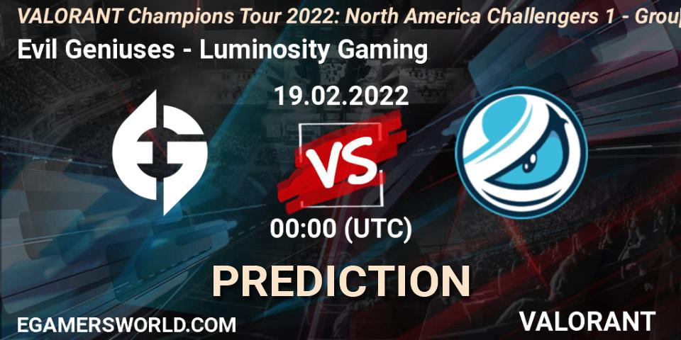 Evil Geniuses vs Luminosity Gaming: Betting TIp, Match Prediction. 19.02.2022 at 00:30. VALORANT, VCT 2022: North America Challengers 1 - Group Stage