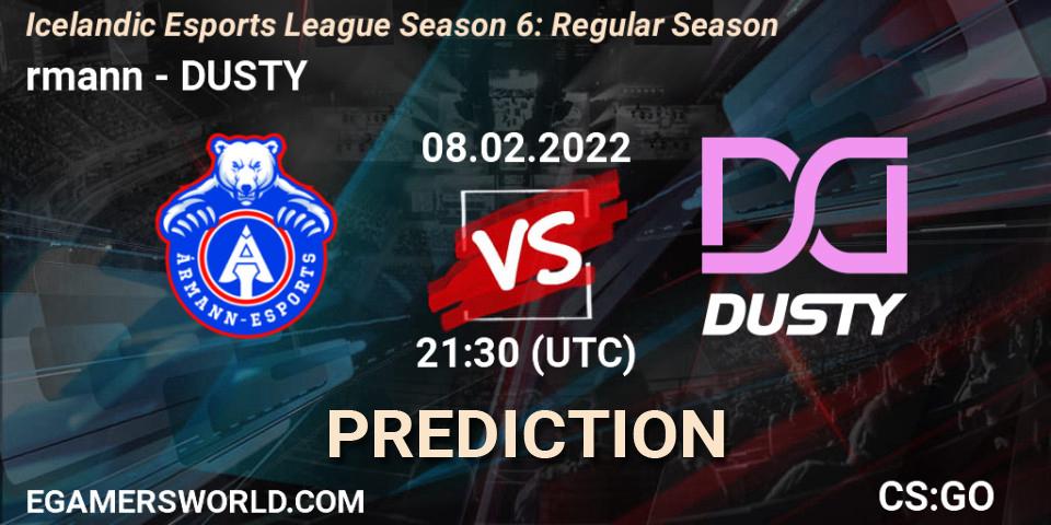 Ármann vs DUSTY: Betting TIp, Match Prediction. 08.02.2022 at 21:30. Counter-Strike (CS2), Icelandic Esports League Season 6: Regular Season