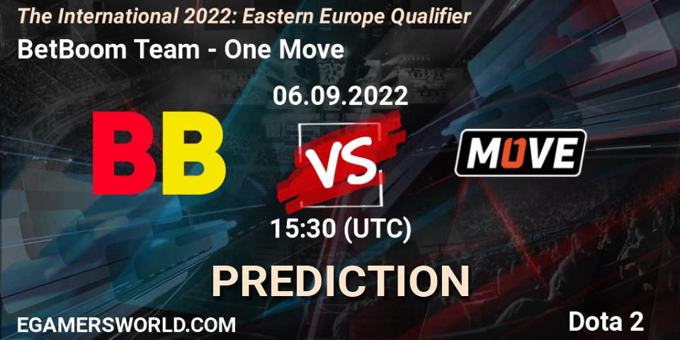 BetBoom Team vs One Move: Betting TIp, Match Prediction. 06.09.2022 at 15:31. Dota 2, The International 2022: Eastern Europe Qualifier