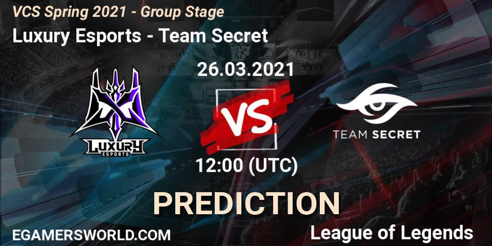 Luxury Esports vs Team Secret: Betting TIp, Match Prediction. 26.03.2021 at 12:35. LoL, VCS Spring 2021 - Group Stage