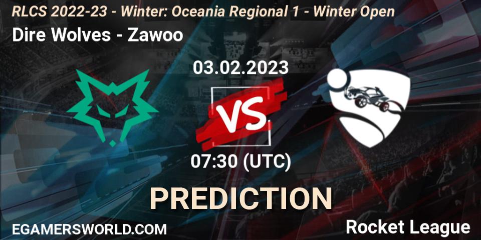Dire Wolves vs Zawoo: Betting TIp, Match Prediction. 03.02.2023 at 07:30. Rocket League, RLCS 2022-23 - Winter: Oceania Regional 1 - Winter Open