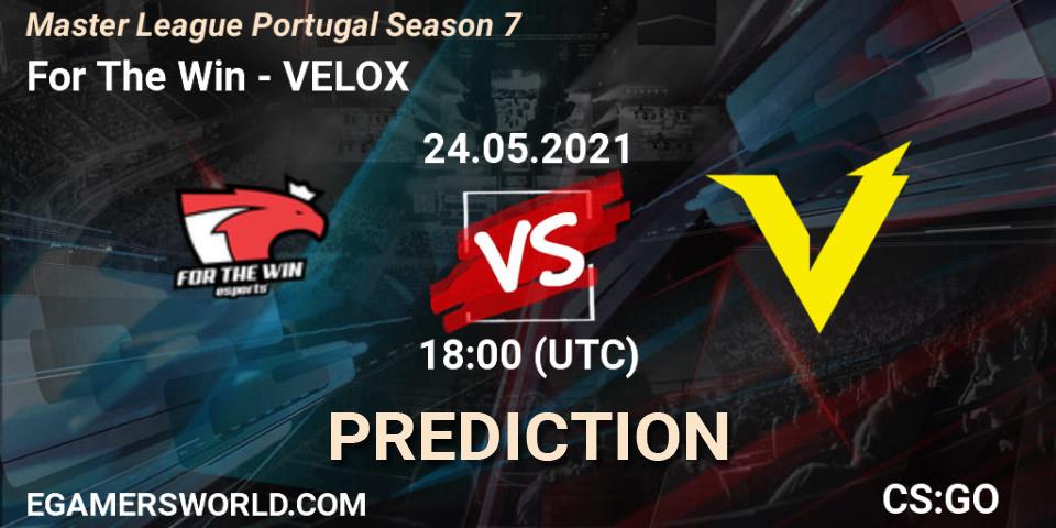 For The Win vs VELOX: Betting TIp, Match Prediction. 24.05.2021 at 18:00. Counter-Strike (CS2), Master League Portugal Season 7