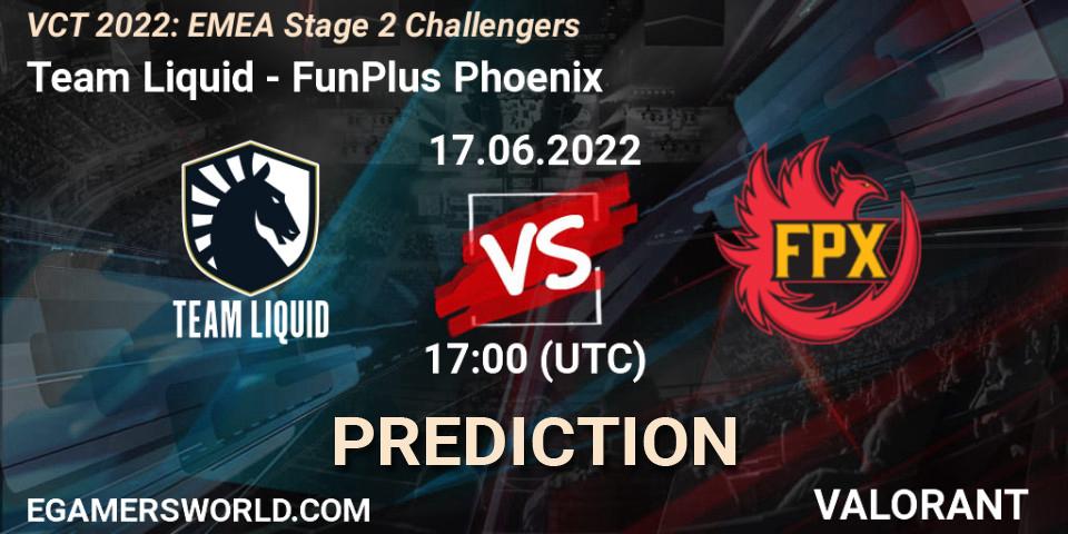 Team Liquid vs FunPlus Phoenix: Betting TIp, Match Prediction. 17.06.2022 at 16:45. VALORANT, VCT 2022: EMEA Stage 2 Challengers