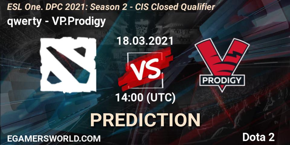 qwerty vs VP.Prodigy: Betting TIp, Match Prediction. 18.03.2021 at 14:26. Dota 2, ESL One. DPC 2021: Season 2 - CIS Closed Qualifier