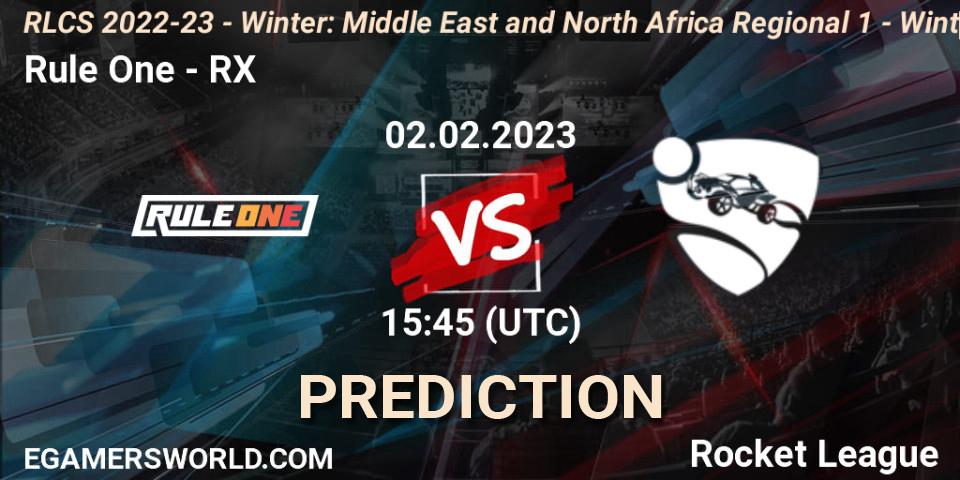 Rule One vs RX: Betting TIp, Match Prediction. 02.02.2023 at 15:45. Rocket League, RLCS 2022-23 - Winter: Middle East and North Africa Regional 1 - Winter Open