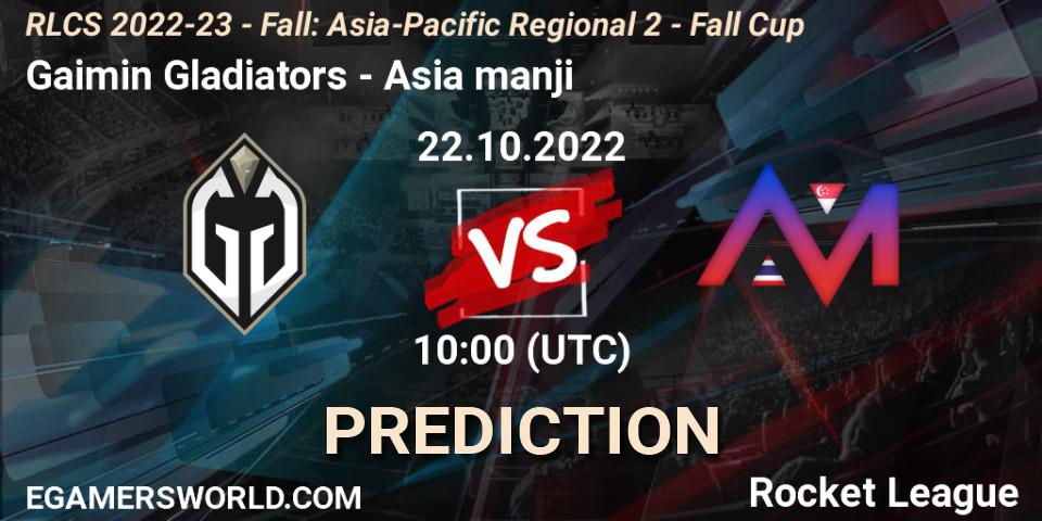 Gaimin Gladiators vs Asia manji: Betting TIp, Match Prediction. 22.10.2022 at 10:00. Rocket League, RLCS 2022-23 - Fall: Asia-Pacific Regional 2 - Fall Cup