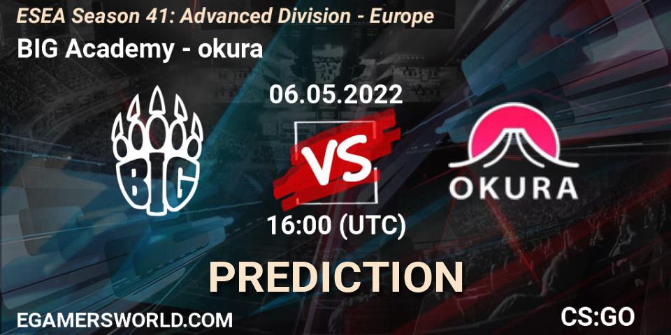 BIG Academy vs okura: Betting TIp, Match Prediction. 06.05.2022 at 16:00. Counter-Strike (CS2), ESEA Season 41: Advanced Division - Europe