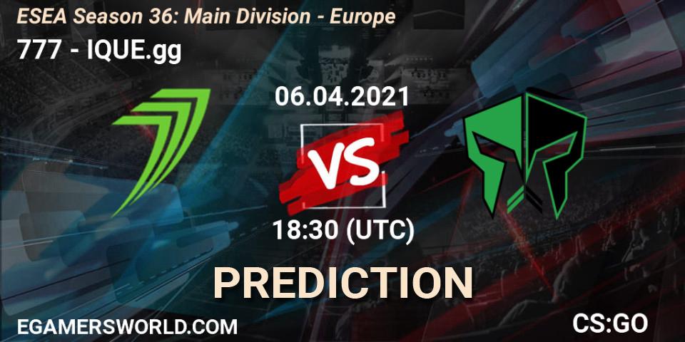 777 vs IQUE.gg: Betting TIp, Match Prediction. 05.04.2021 at 16:00. Counter-Strike (CS2), ESEA Season 36: Main Division - Europe