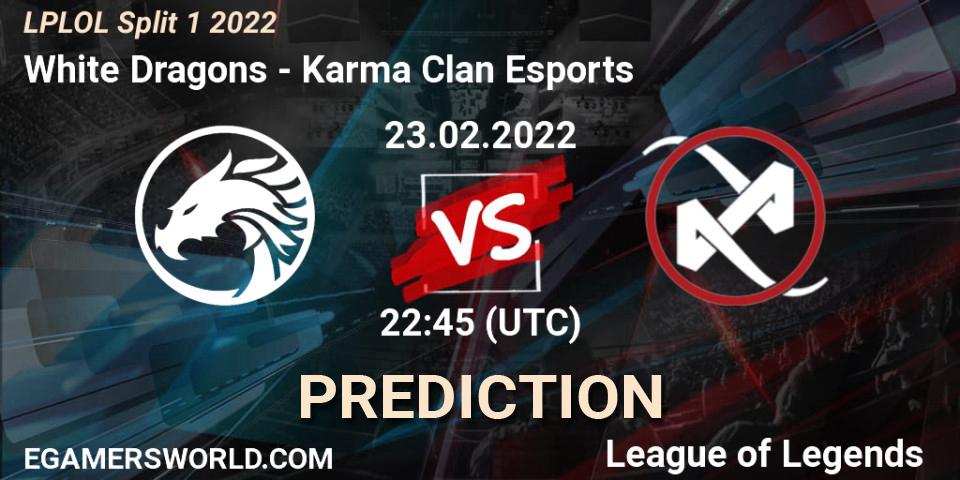 White Dragons vs Karma Clan Esports: Betting TIp, Match Prediction. 23.02.2022 at 22:45. LoL, LPLOL Split 1 2022