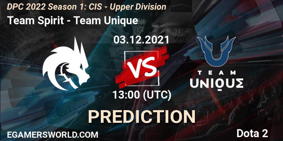 Team Spirit vs Team Unique: Betting TIp, Match Prediction. 03.12.2021 at 11:04. Dota 2, DPC 2022 Season 1: CIS - Upper Division
