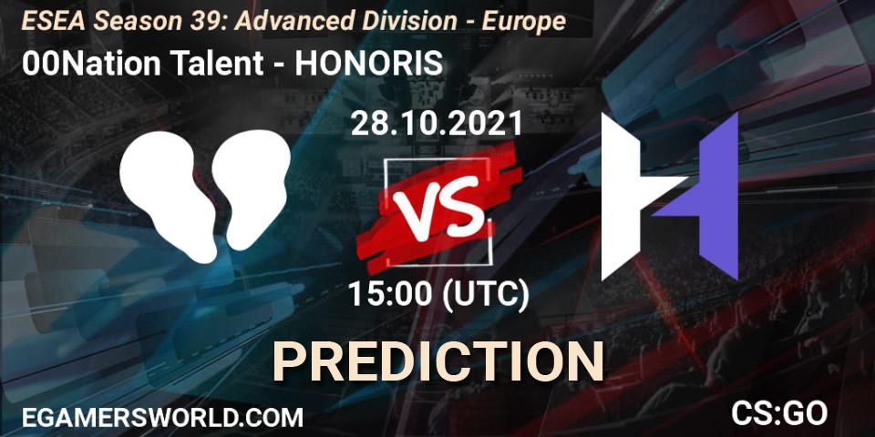 00Nation Talent vs HONORIS: Betting TIp, Match Prediction. 28.10.2021 at 15:00. Counter-Strike (CS2), ESEA Season 39: Advanced Division - Europe