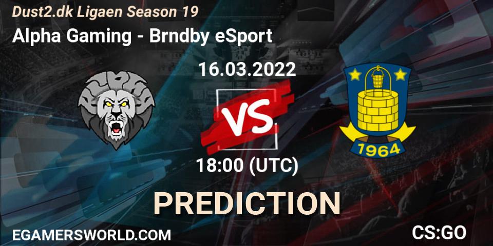 Alpha Gaming vs Brøndby eSport: Betting TIp, Match Prediction. 16.03.2022 at 18:00. Counter-Strike (CS2), Dust2.dk Ligaen Season 19