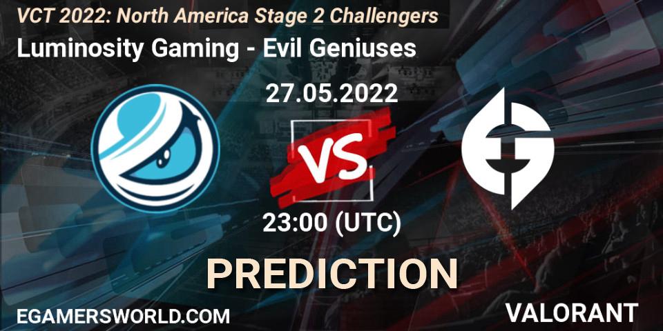 Luminosity Gaming vs Evil Geniuses: Betting TIp, Match Prediction. 27.05.2022 at 22:40. VALORANT, VCT 2022: North America Stage 2 Challengers