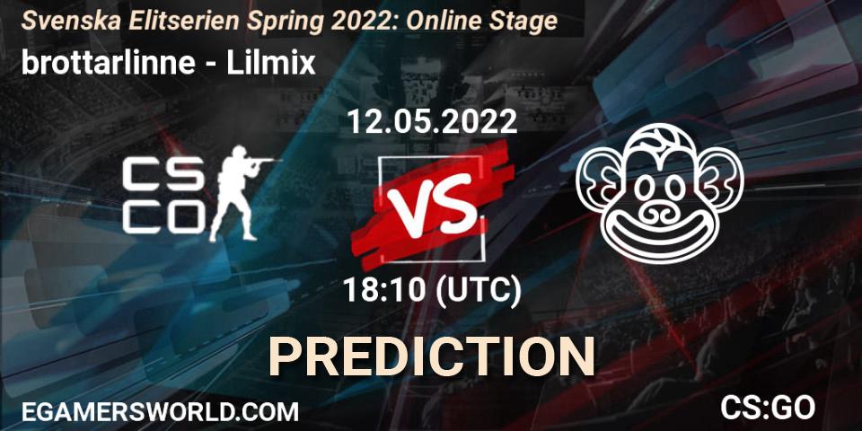 brottarlinne vs Lilmix: Betting TIp, Match Prediction. 12.05.2022 at 18:10. Counter-Strike (CS2), Svenska Elitserien Spring 2022: Online Stage