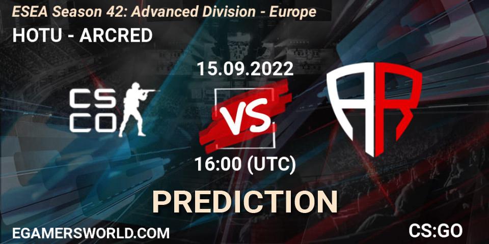 HOTU vs ARCRED: Betting TIp, Match Prediction. 15.09.2022 at 16:00. Counter-Strike (CS2), ESEA Season 42: Advanced Division - Europe