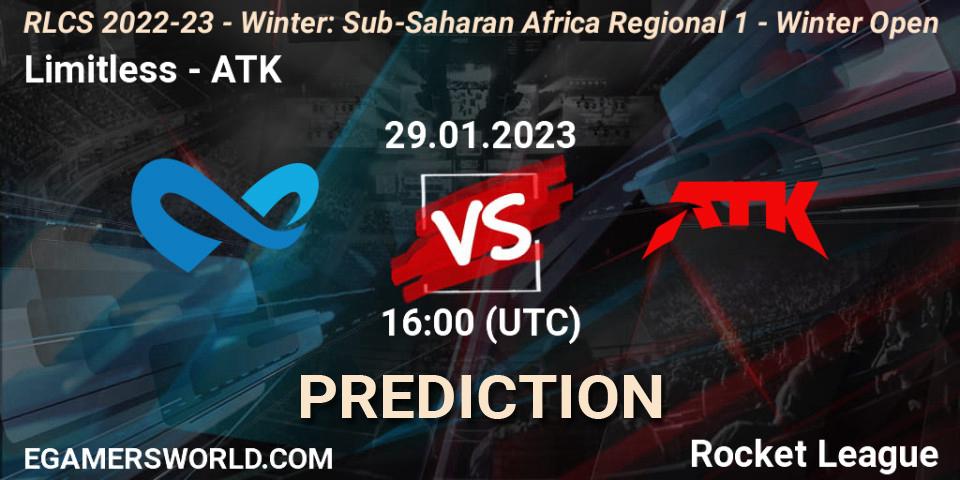 Limitless vs ATK: Betting TIp, Match Prediction. 29.01.2023 at 16:00. Rocket League, RLCS 2022-23 - Winter: Sub-Saharan Africa Regional 1 - Winter Open