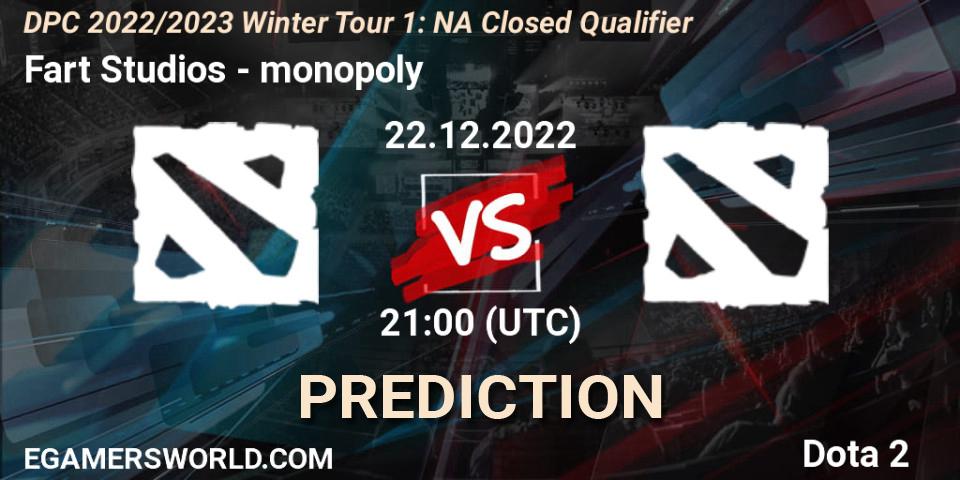 Fart Studios vs monopoly: Betting TIp, Match Prediction. 22.12.2022 at 21:37. Dota 2, DPC 2022/2023 Winter Tour 1: NA Closed Qualifier