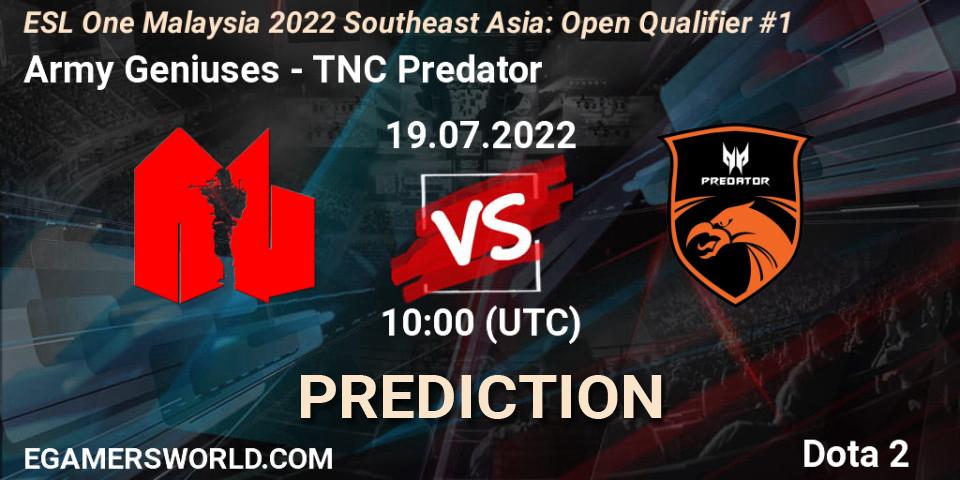 Army Geniuses vs TNC Predator: Betting TIp, Match Prediction. 19.07.2022 at 10:28. Dota 2, ESL One Malaysia 2022 Southeast Asia: Open Qualifier #1