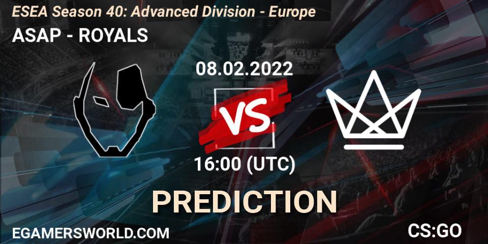 ASAP vs ROYALS: Betting TIp, Match Prediction. 08.02.2022 at 16:00. Counter-Strike (CS2), ESEA Season 40: Advanced Division - Europe