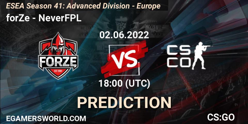 forZe vs NeverFPL: Betting TIp, Match Prediction. 02.06.2022 at 18:00. Counter-Strike (CS2), ESEA Season 41: Advanced Division - Europe