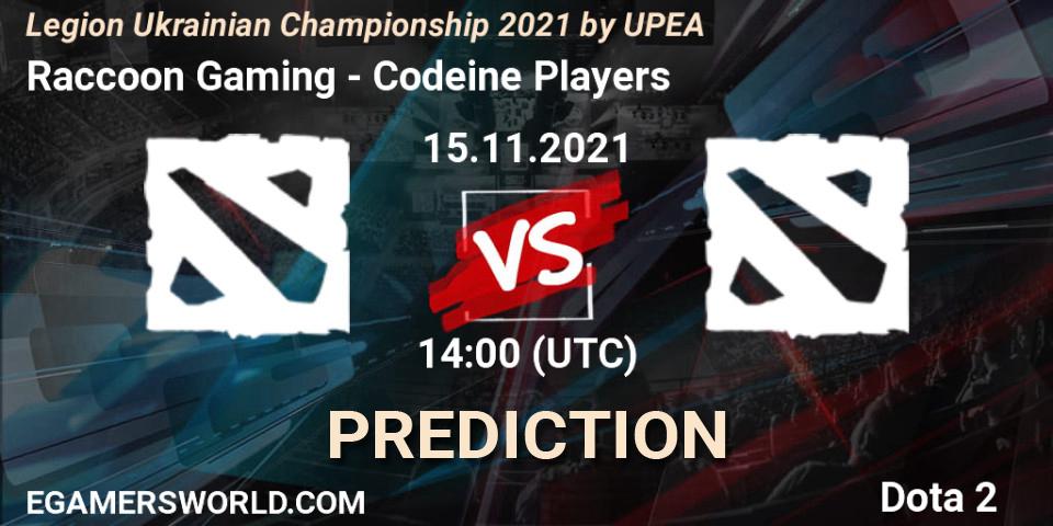 Raccoon Gaming vs Codeine Players: Betting TIp, Match Prediction. 15.11.2021 at 15:08. Dota 2, Legion Ukrainian Championship 2021 by UPEA