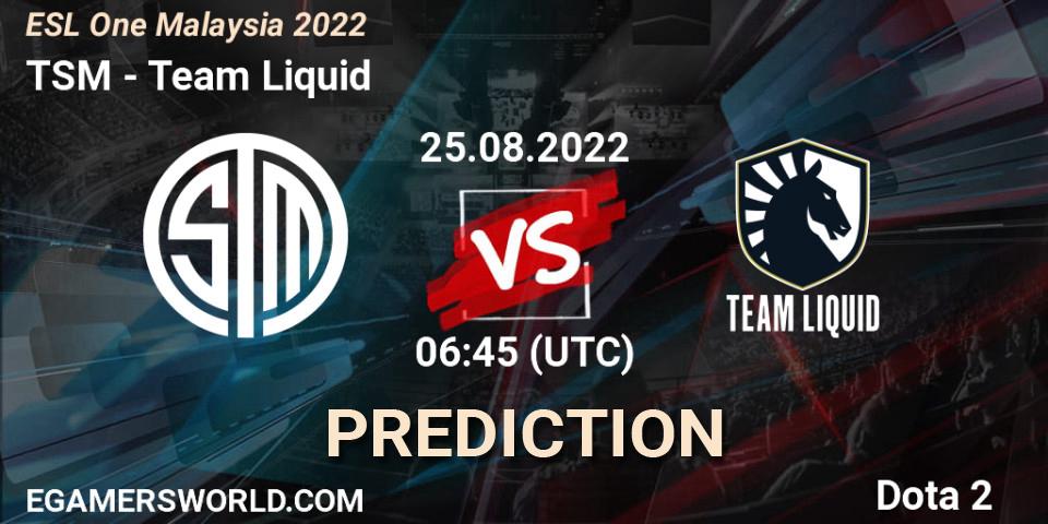TSM vs Team Liquid: Betting TIp, Match Prediction. 25.08.2022 at 06:57. Dota 2, ESL One Malaysia 2022