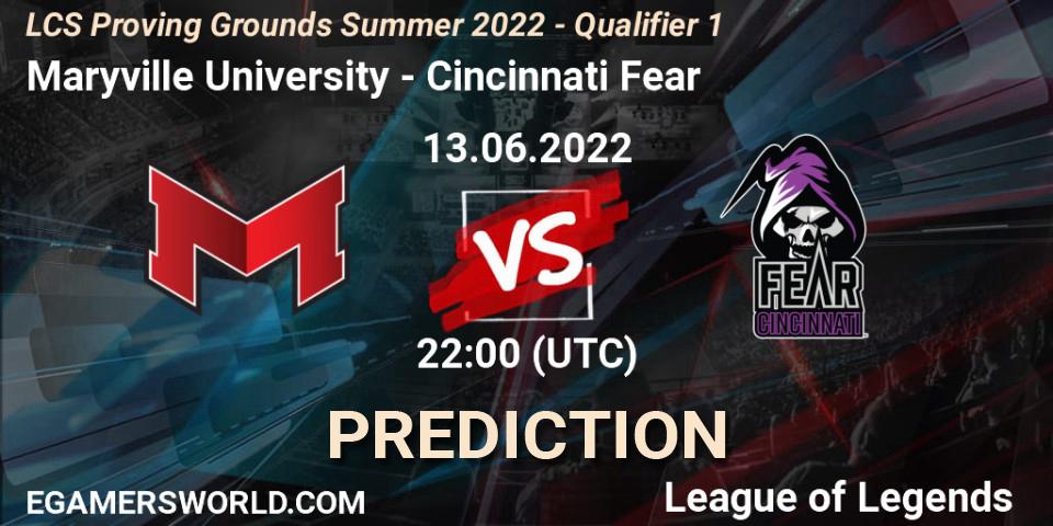 Maryville University vs Cincinnati Fear: Betting TIp, Match Prediction. 13.06.2022 at 22:00. LoL, LCS Proving Grounds Summer 2022 - Qualifier 1