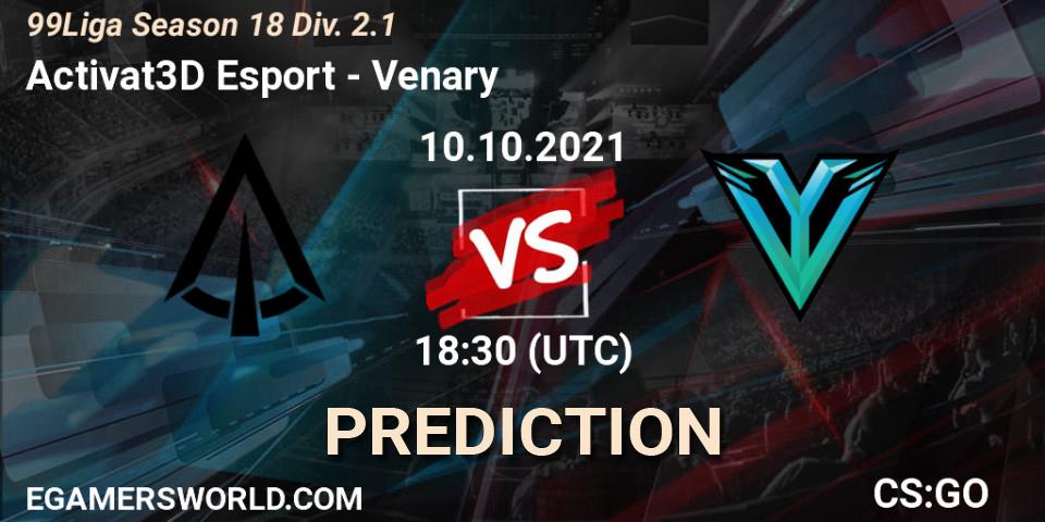 Activat3D Esport vs Venary: Betting TIp, Match Prediction. 10.10.2021 at 18:30. Counter-Strike (CS2), 99Liga Season 18 Div. 2.1