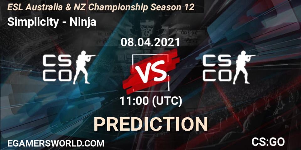 Simplicity vs Ninja: Betting TIp, Match Prediction. 08.04.2021 at 11:40. Counter-Strike (CS2), ESL Australia & NZ Championship Season 12