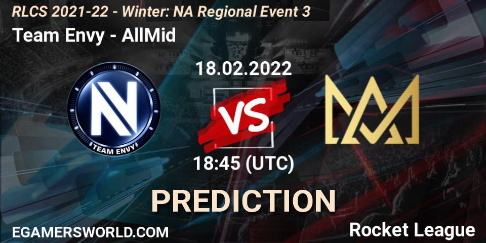 Team Envy vs AllMid: Betting TIp, Match Prediction. 18.02.2022 at 18:45. Rocket League, RLCS 2021-22 - Winter: NA Regional Event 3