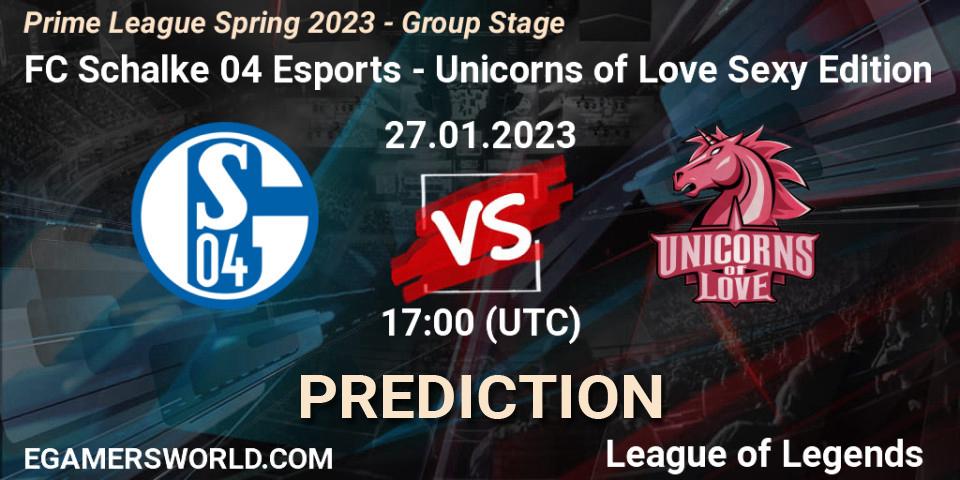 FC Schalke 04 Esports vs Unicorns of Love Sexy Edition: Betting TIp, Match Prediction. 27.01.2023 at 17:00. LoL, Prime League Spring 2023 - Group Stage