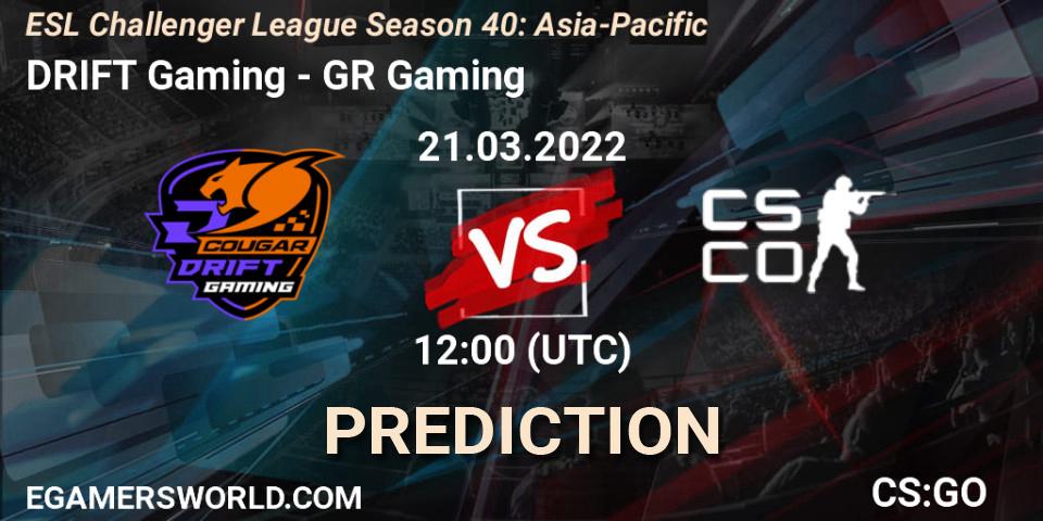 DRIFT Gaming vs GR Gaming: Betting TIp, Match Prediction. 21.03.2022 at 12:00. Counter-Strike (CS2), ESL Challenger League Season 40: Asia-Pacific
