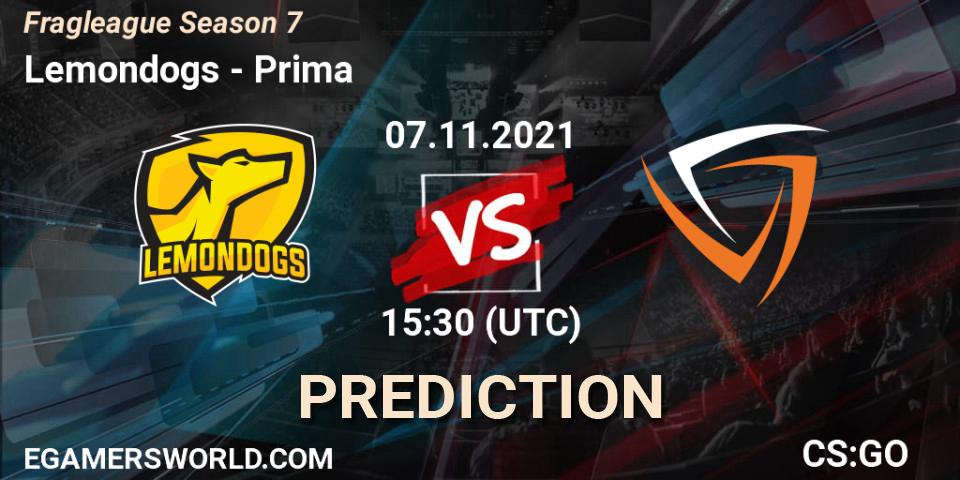 Lemondogs vs Prima: Betting TIp, Match Prediction. 10.11.2021 at 17:30. Counter-Strike (CS2), Fragleague Season 7