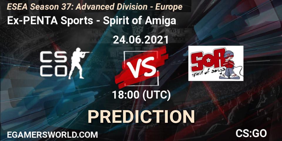 Ex-PENTA Sports vs Spirit of Amiga: Betting TIp, Match Prediction. 24.06.2021 at 18:00. Counter-Strike (CS2), ESEA Season 37: Advanced Division - Europe