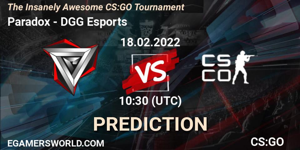 Paradox vs DGG Esports: Betting TIp, Match Prediction. 18.02.2022 at 10:30. Counter-Strike (CS2), The Insanely Awesome CS:GO Tournament