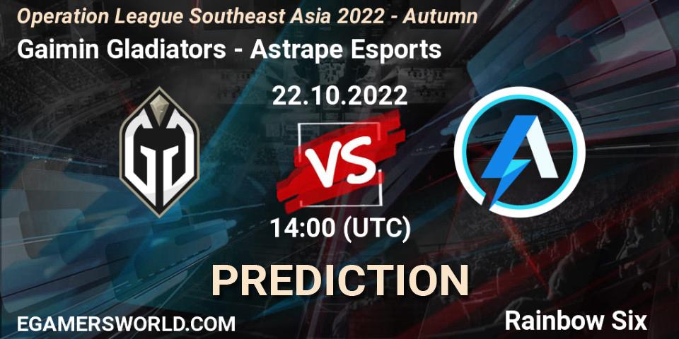 Gaimin Gladiators vs Astrape Esports: Betting TIp, Match Prediction. 22.10.2022 at 14:00. Rainbow Six, Operation League Southeast Asia 2022 - Autumn
