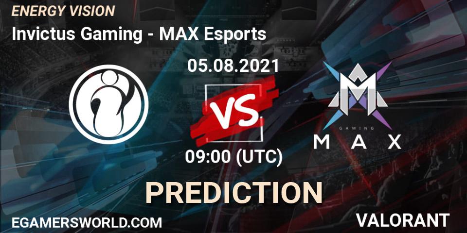 Invictus Gaming vs MAX Esports: Betting TIp, Match Prediction. 05.08.2021 at 09:00. VALORANT, ENERGY VISION