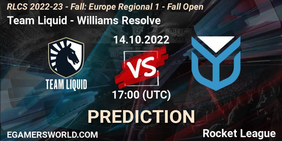 Team Liquid vs Williams Resolve: Betting TIp, Match Prediction. 14.10.2022 at 15:00. Rocket League, RLCS 2022-23 - Fall: Europe Regional 1 - Fall Open