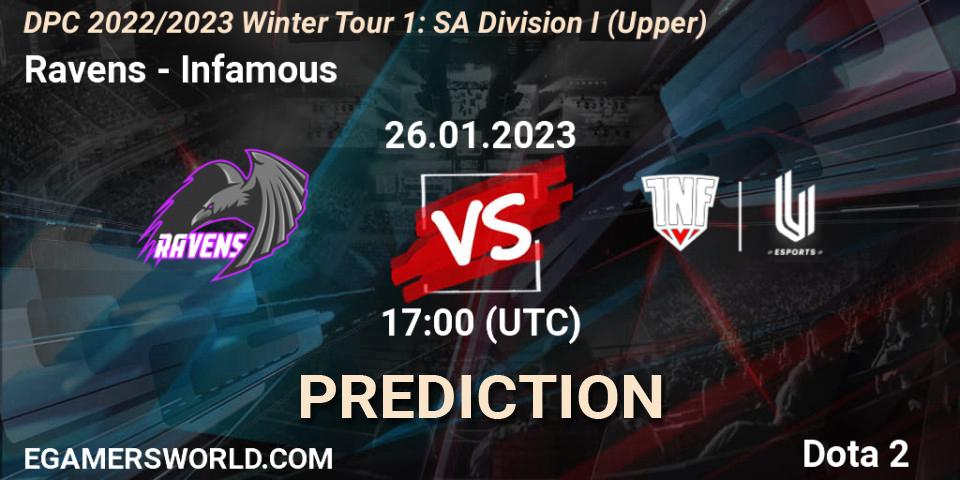 Ravens vs Infamous: Betting TIp, Match Prediction. 26.01.2023 at 17:11. Dota 2, DPC 2022/2023 Winter Tour 1: SA Division I (Upper) 
