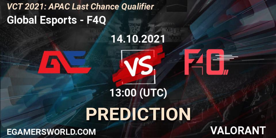 Global Esports vs F4Q: Betting TIp, Match Prediction. 14.10.2021 at 11:30. VALORANT, VCT 2021: APAC Last Chance Qualifier