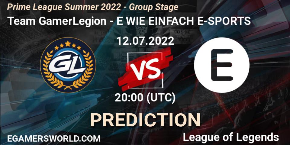 Team GamerLegion vs E WIE EINFACH E-SPORTS: Betting TIp, Match Prediction. 12.07.2022 at 20:00. LoL, Prime League Summer 2022 - Group Stage