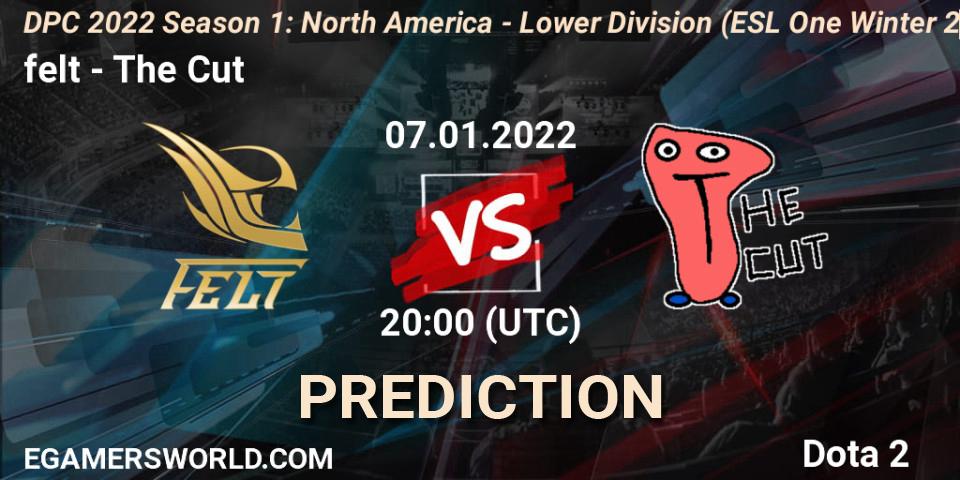 felt vs The Cut: Betting TIp, Match Prediction. 07.01.2022 at 19:55. Dota 2, DPC 2022 Season 1: North America - Lower Division (ESL One Winter 2021)