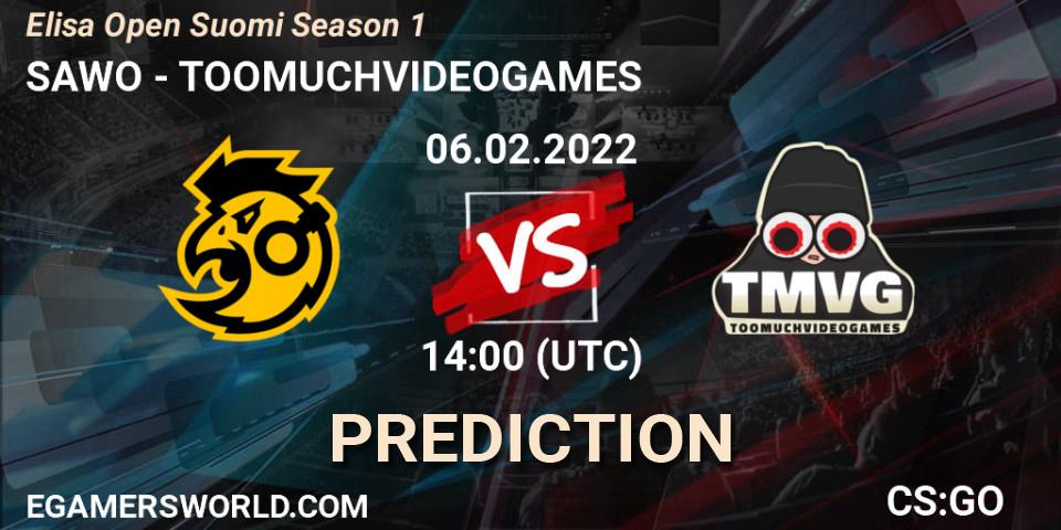 SAWO vs TOOMUCHVIDEOGAMES: Betting TIp, Match Prediction. 06.02.2022 at 14:00. Counter-Strike (CS2), Elisa Open Suomi Season 1