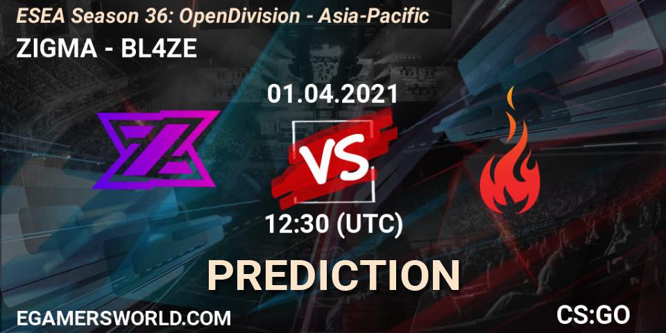 ZIGMA vs BL4ZE: Betting TIp, Match Prediction. 01.04.2021 at 12:30. Counter-Strike (CS2), ESEA Season 36: Open Division - Asia-Pacific