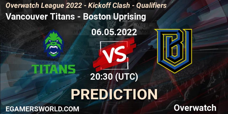 Vancouver Titans vs Boston Uprising: Betting TIp, Match Prediction. 06.05.2022 at 20:30. Overwatch, Overwatch League 2022 - Kickoff Clash - Qualifiers