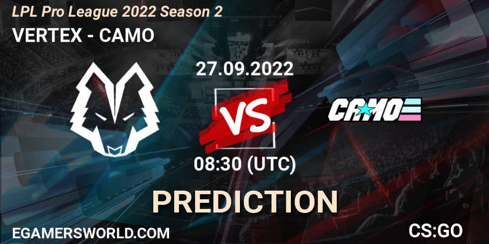 VERTEX vs CAMO: Betting TIp, Match Prediction. 27.09.2022 at 08:40. Counter-Strike (CS2), LPL Pro League 2022 Season 2