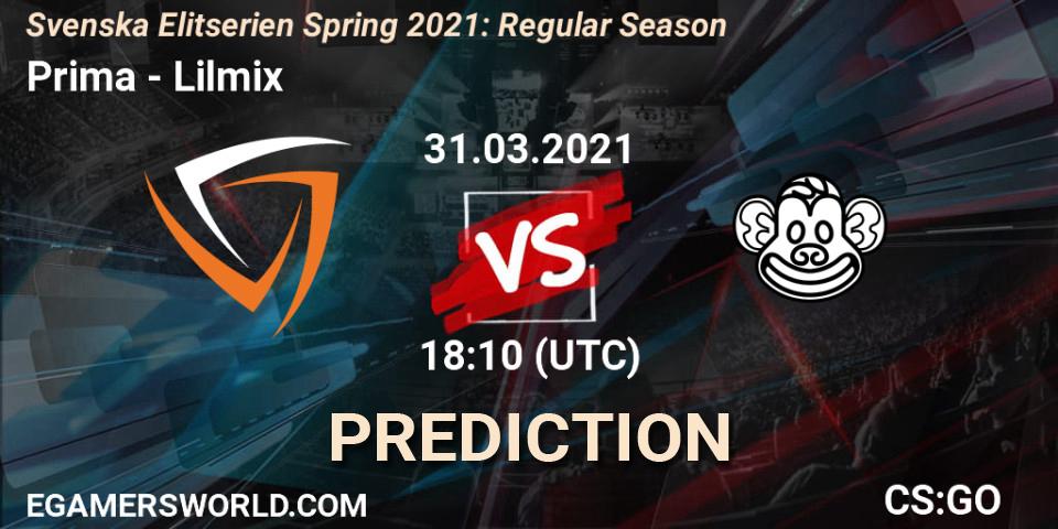 Prima vs Lilmix: Betting TIp, Match Prediction. 31.03.2021 at 18:10. Counter-Strike (CS2), Svenska Elitserien Spring 2021: Regular Season