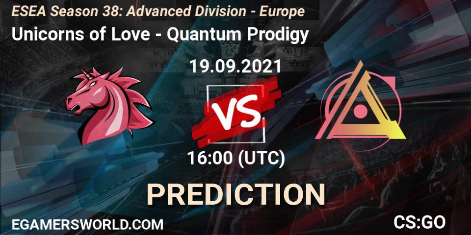 Unicorns of Love vs Quantum Prodigy: Betting TIp, Match Prediction. 19.09.2021 at 16:00. Counter-Strike (CS2), ESEA Season 38: Advanced Division - Europe